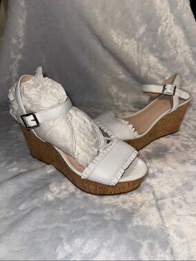 kate spade White Leather Cork Wedge Sandals with Ankle Strap